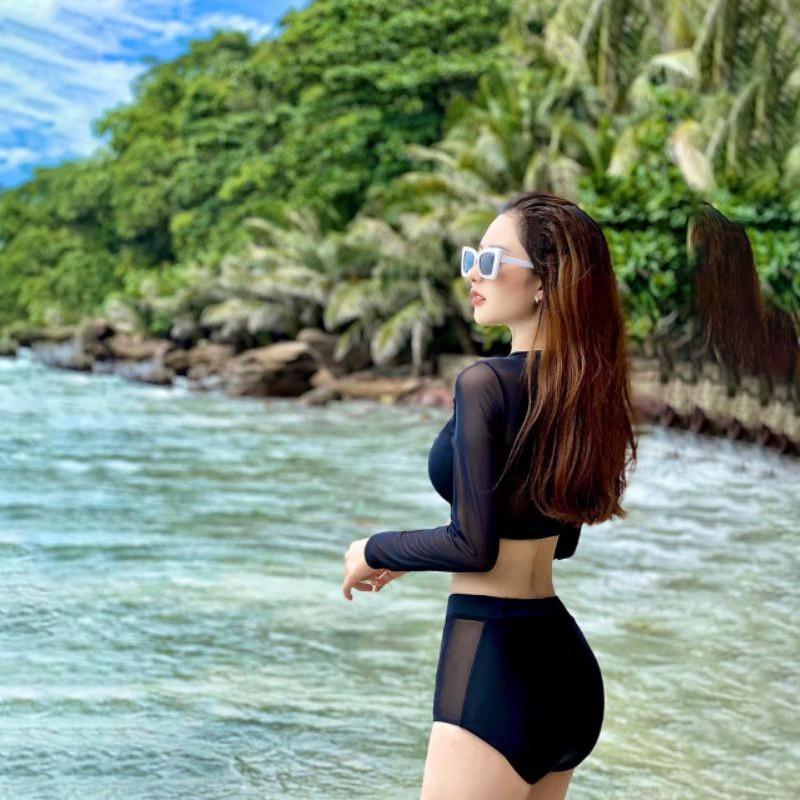 Bikini 2 mảnh dài tay lưới ren kín đáo che khuyết điểm quyến rũ vải bơi dày dặn co giãn tốt QP017