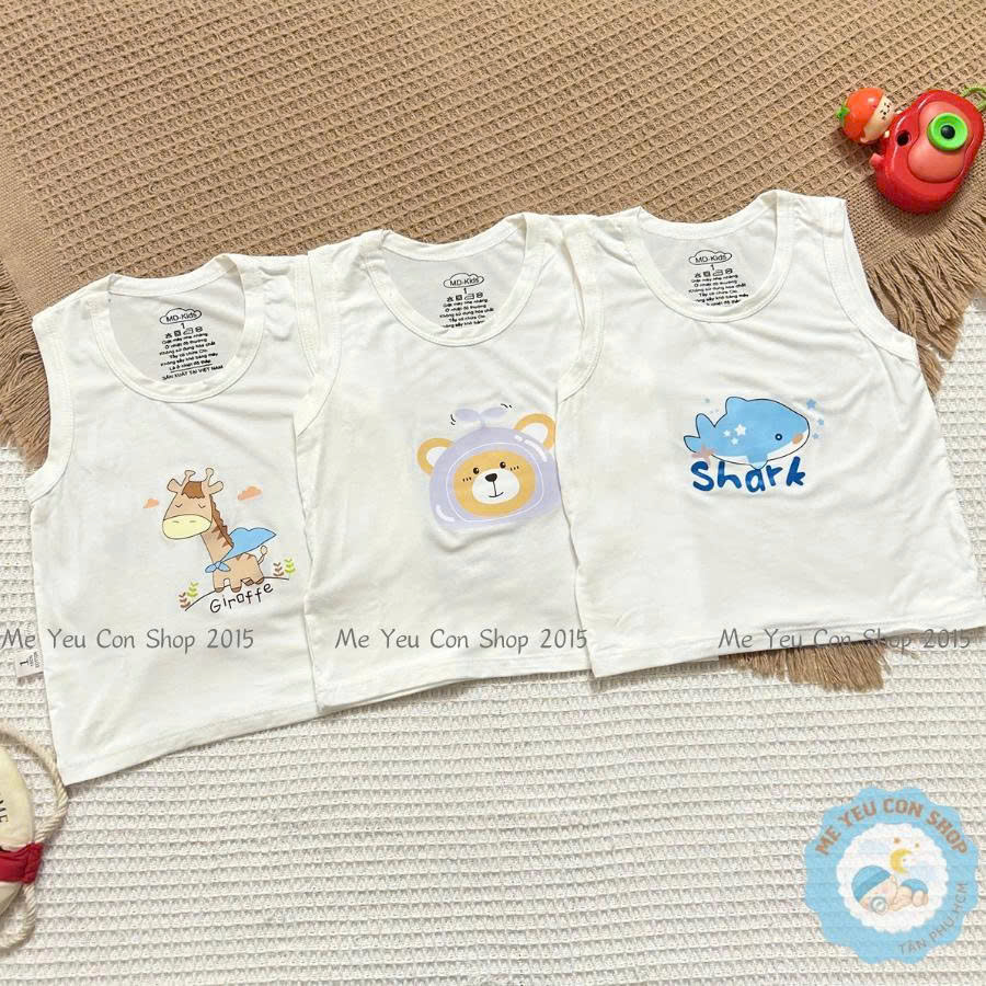 [4-14kg] Áo Ba Lỗ Sát Nách Trắng Kem Chất THUN LẠNH PETIT In Hình Dễ Thương Cho Bé