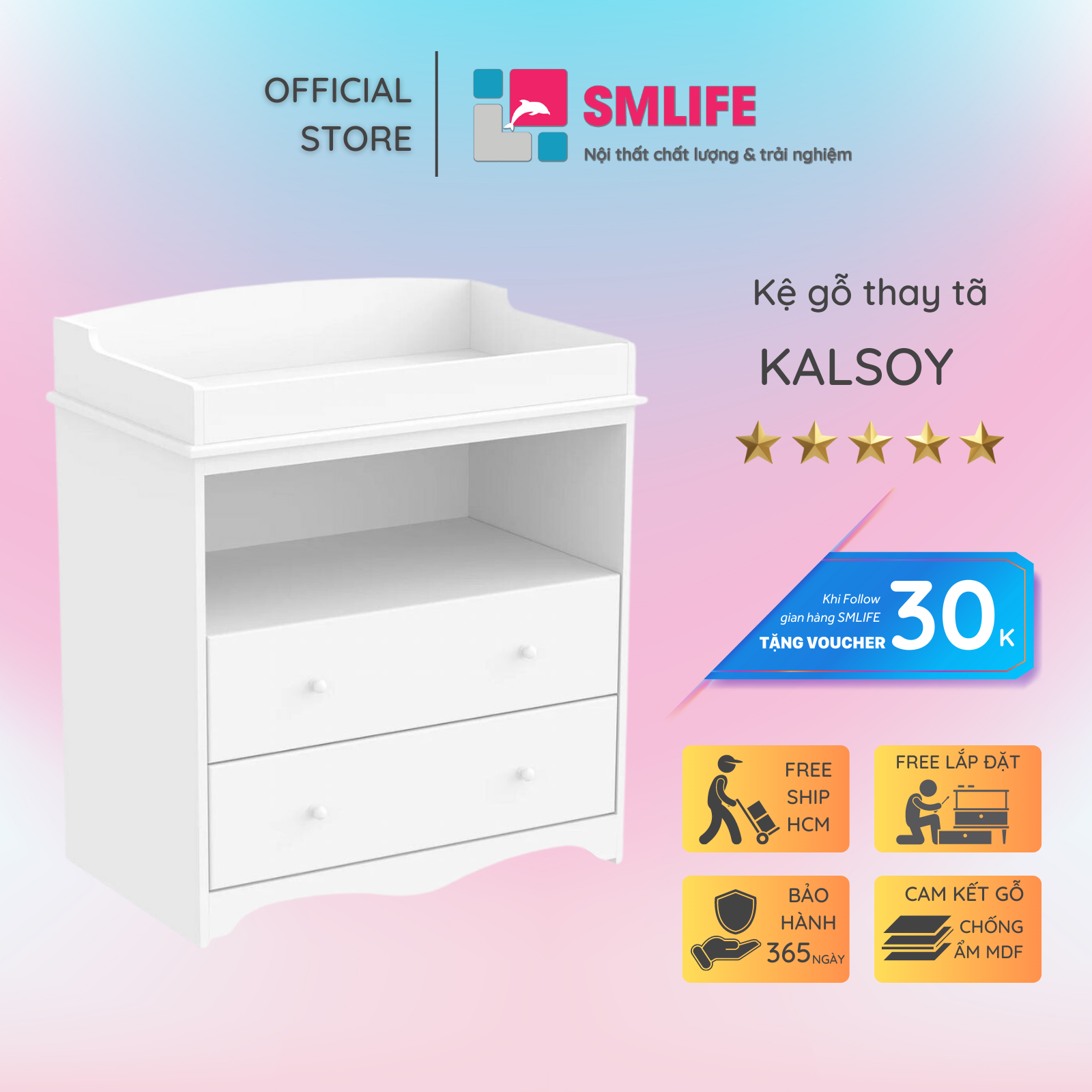 Kệ gỗ thay tã cho bé SMLIFE Kalsoy | Gỗ MDF dày 17mm chống ẩm | D75xR50xC95cm