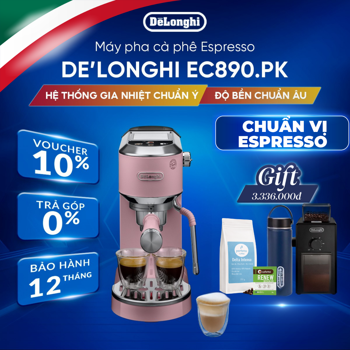 Máy pha cà phê espresso DeLonghi Dedica Duo EC890.PK - Hàng Chính Hãng