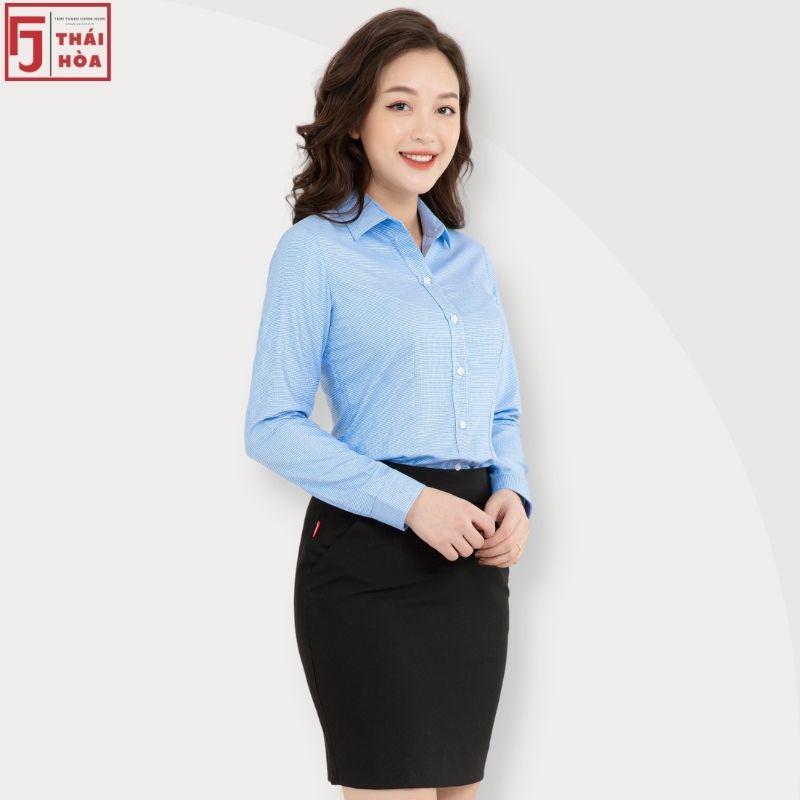 Áo sơ mi nữ Thái Hoà caro nhuyễn kiểu công sở đẹp cotton màu xanh dương đậm 65-15-01