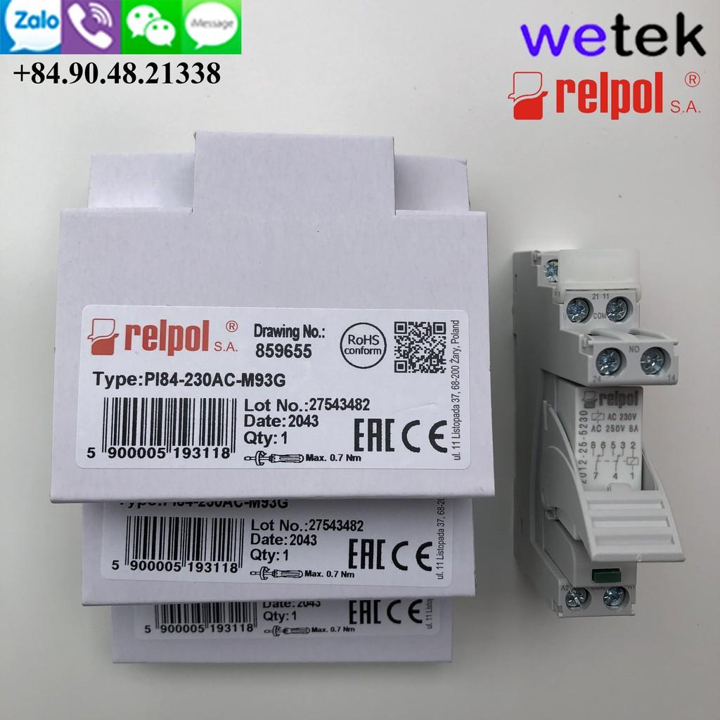 Rờ le loại mỏng 15mm 220Vac, tiếp điểm 2 cặp 8A Relpol PI84-230AC-M93G