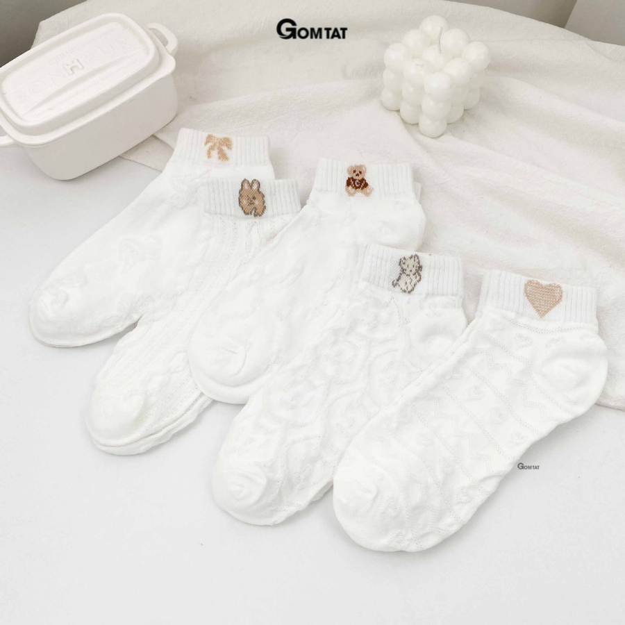 Set 5 đôi tất vớ nữ cổ ngắn GOMTAT họa tiết dễ thương, chất liệu cotton mềm mịn thoáng mát, êm chân - CB090