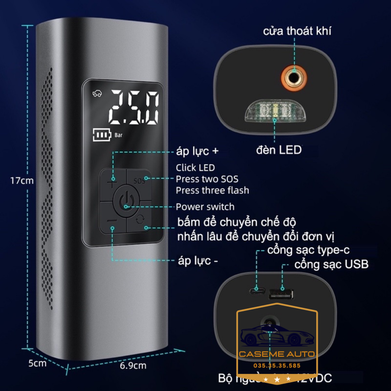 Máy Bơm Lốp Mini Cầm Tay CARSUN C3106 – Pin 4000mAh, Bơm Không Dây, Công Suất 40W, Tích Hợp Đèn LED &amp; Sạc Dự Phòng