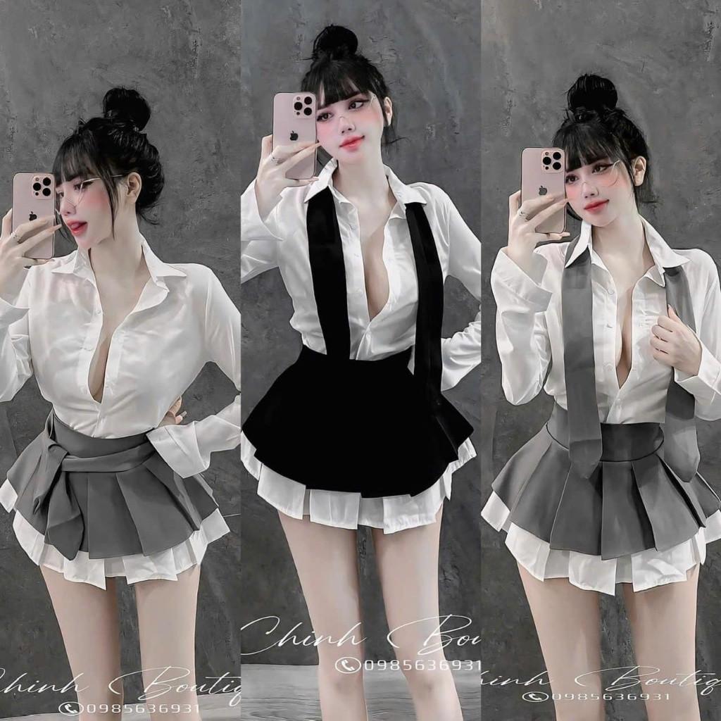 Sét sơ mi dài tay mix chân váy ly phối tặng cà vạt   QA BY JOLIE - kẻ đen, kẻ đen