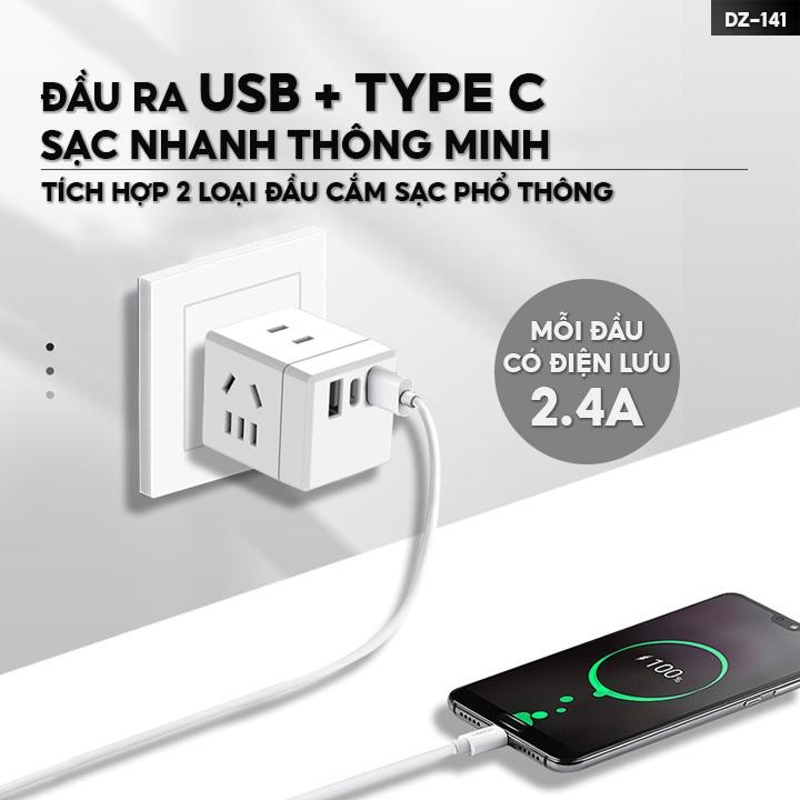 Phích Cắm Vuông Siêu Chịu Tải 1 Chia 3 Công Suất 2500w Kèm Theo Cổng Đầu Ra Usb Tiện Lợi DZ-141