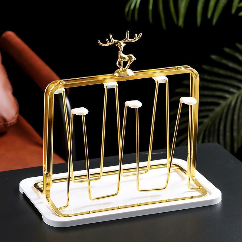 Giá Úp Ly Cốc Mạ Vàng- Giá Úp Cốc Kèm Khay Hứng Nước Hình Con Hươu Sang Trọng