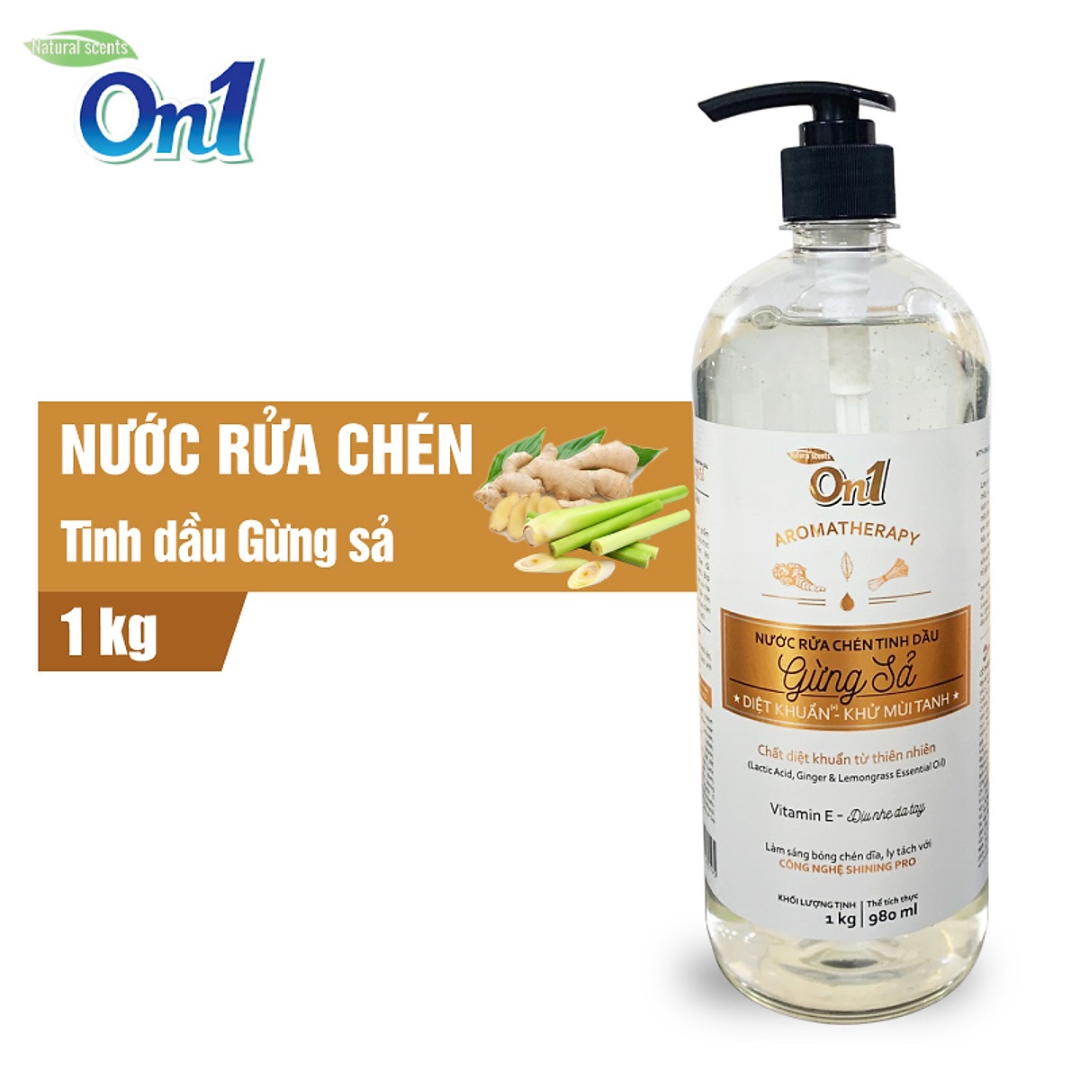 Nước rửa chén On1 tinh dầu hương gừng sả dung tích 1Kg N5503- Sạch bóng vết dầu mỡ - Bảo vệ da tay