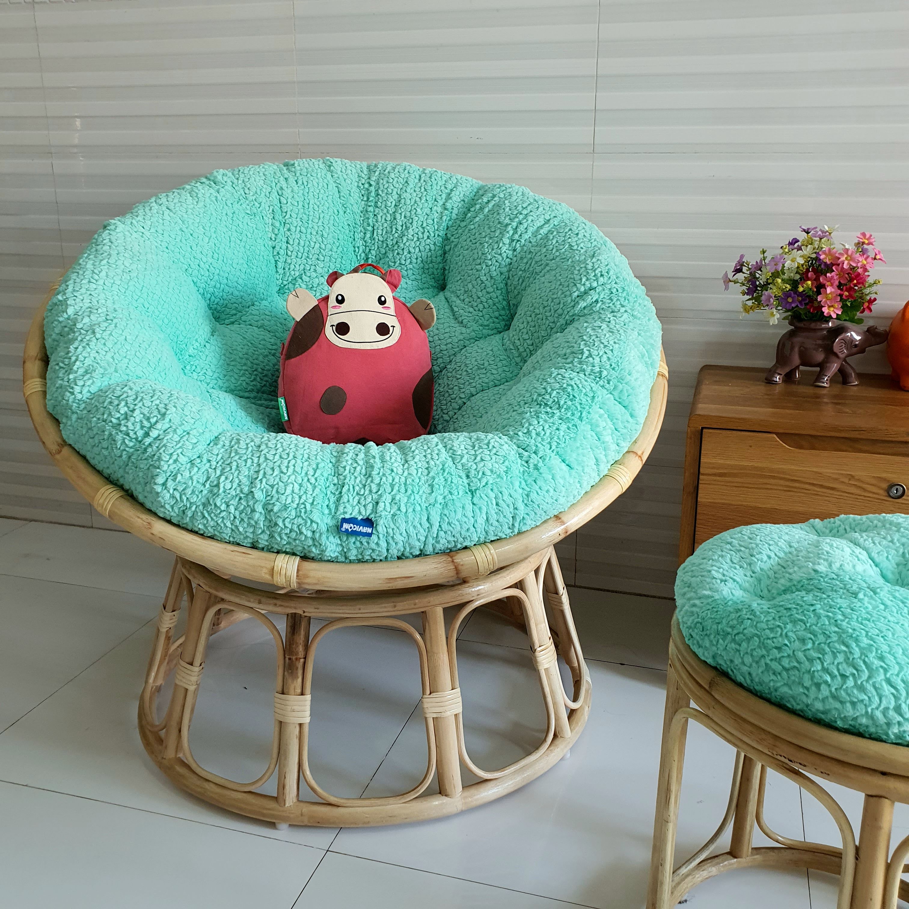 Bộ ghế thư giãn papasan + đôn nhỏ ( Vải nhung cao cấp xanh ngọc)