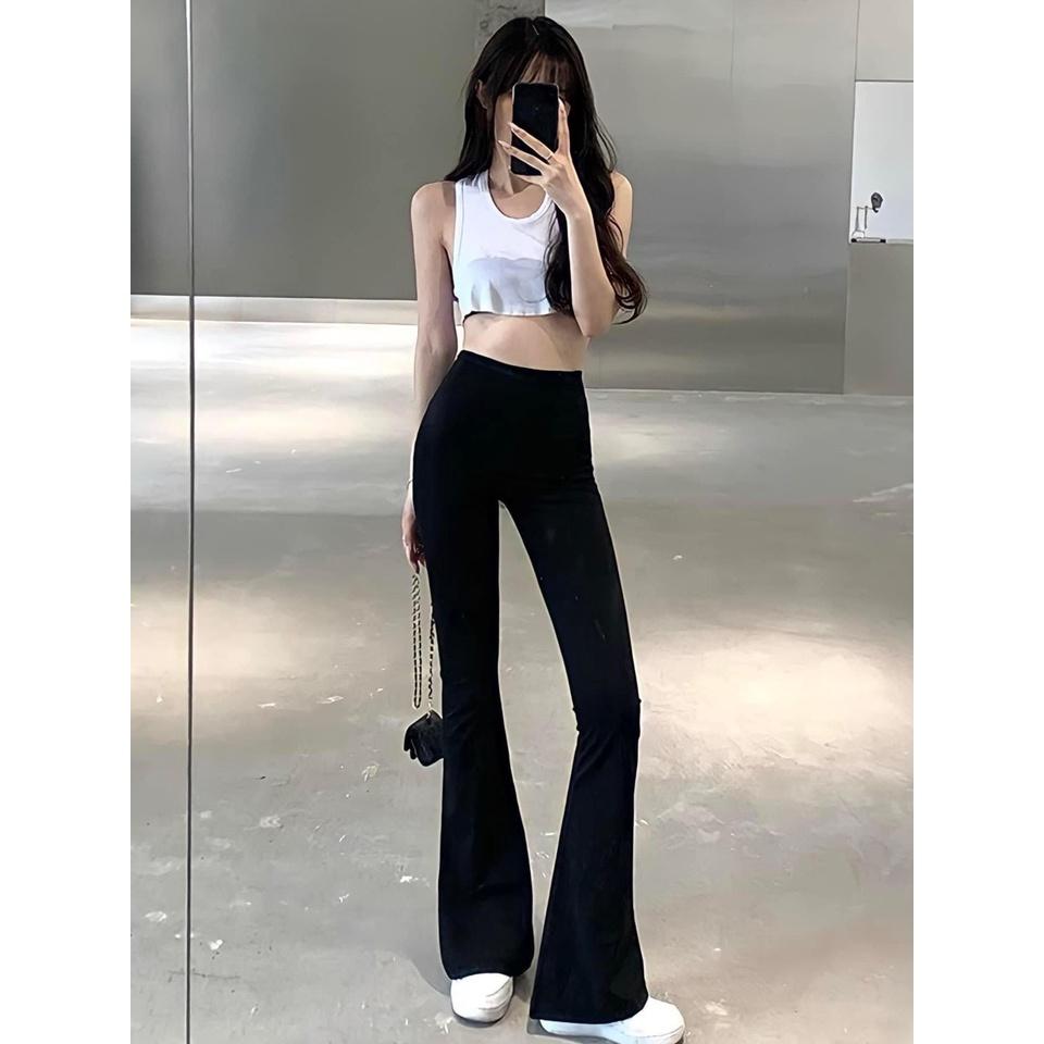 Quần ống loe cạp cao legging dáng dài, Quần legging nữ ôm ống loe chất cotton co dãn