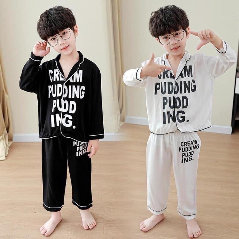 Bộ đồ ngủ dài tay cho bé trai và bé gái mặc đều xinh Pijama lụa dài tay in chữ cho bé từ 6-28Kg sâu shop