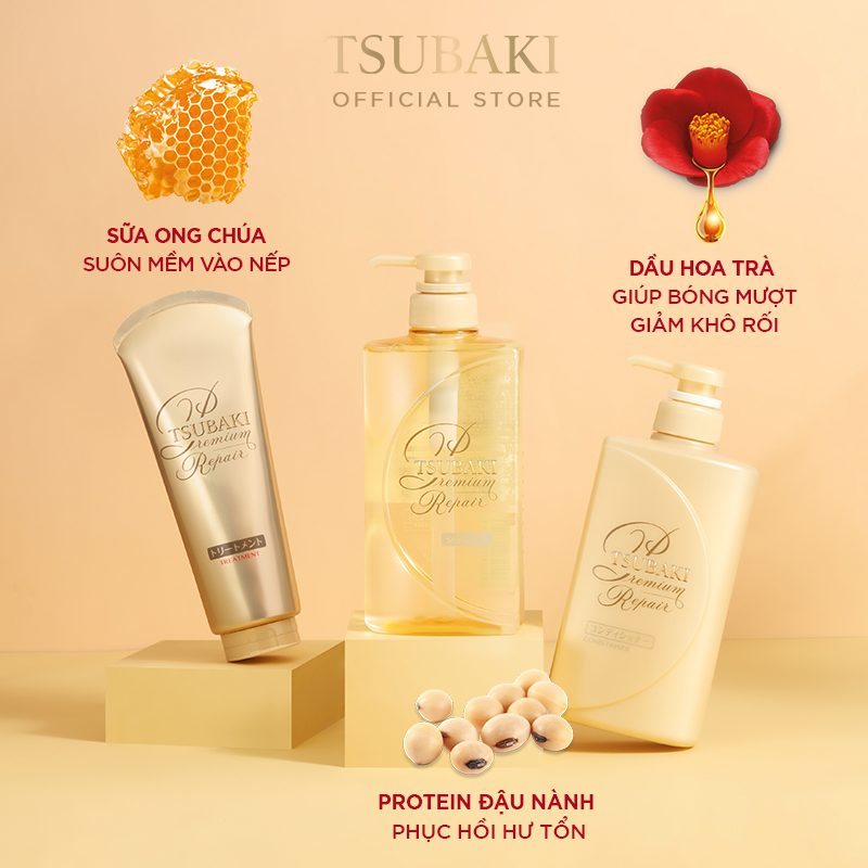 Bộ sản phẩm Tsubaki Premium Phục hồi ngăn rụng tóc chuyên sâu (Gội xả 490ml/chai + kem xả 180g + xịt dưỡng 220ml + dầu dưỡng 50ml)