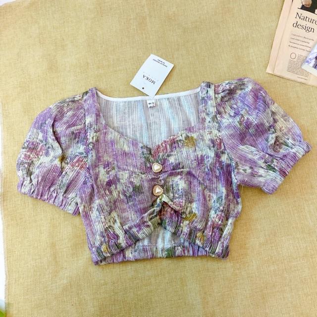 Áo sơmi hoa croptop cúc ngọc sang trọng