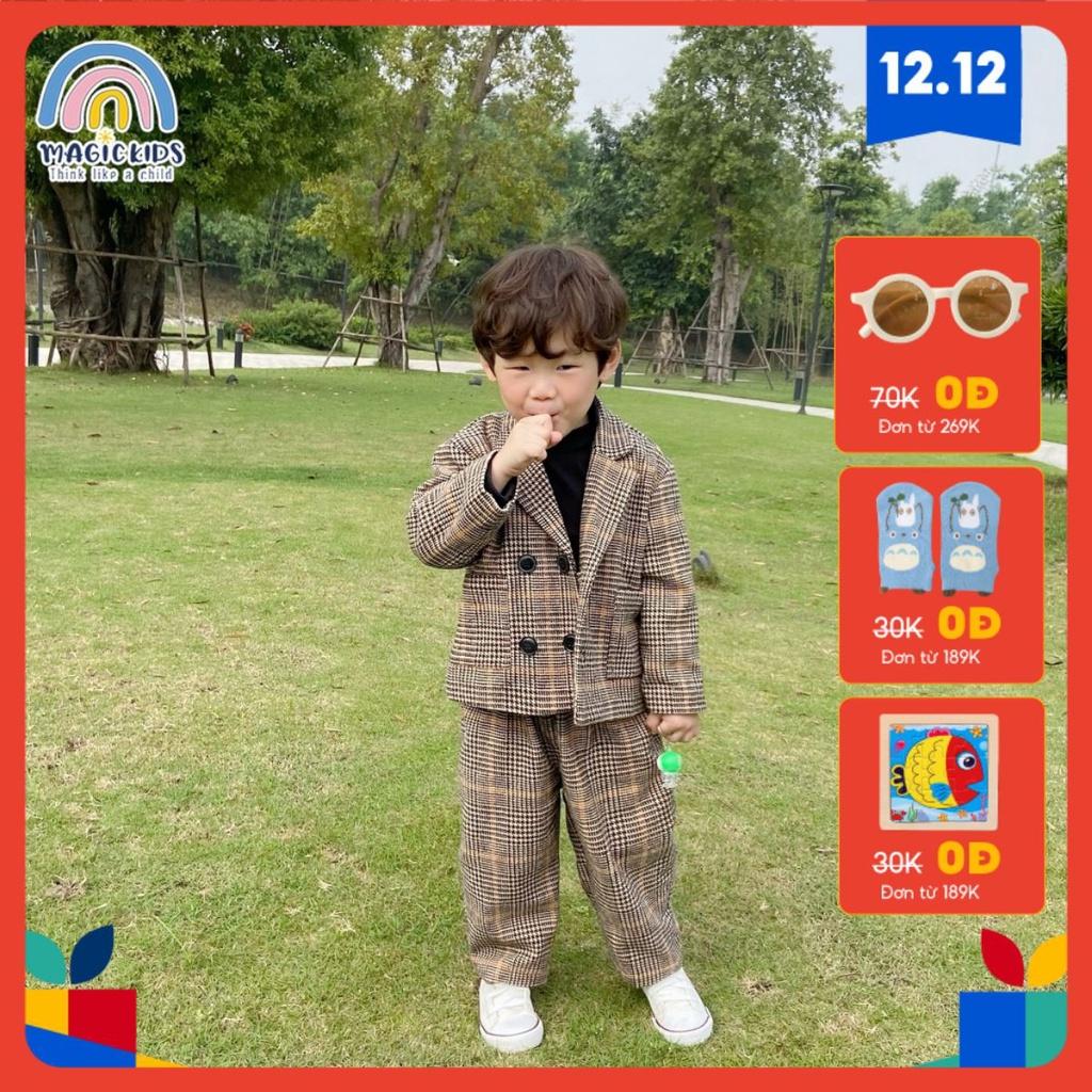 Bộ vest dạ bé trai thiết kế cổ vest 4 khuy có size lớn cho bé từ 9-30kg Magickids BR21044 Set bé trai Hàn Quốc mẫu 2022