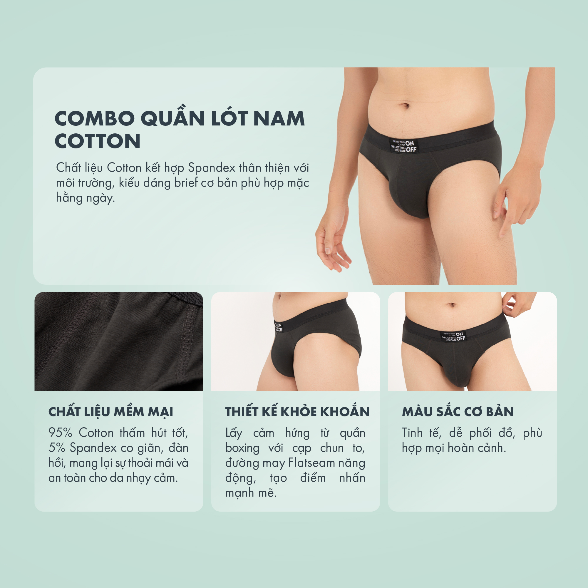 Combo 3 quần lót nam cotton dáng brief mềm mại thoáng khí ONOFF mix màu ngẫu nhiên - 18UQ25A039-054