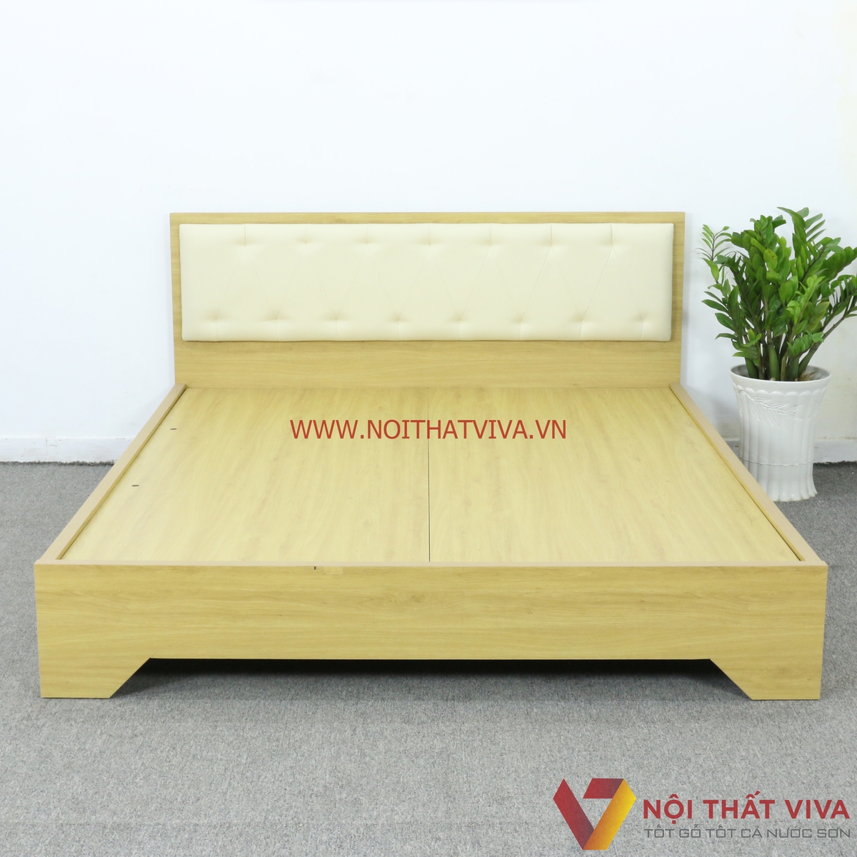 Giường Ngủ Gỗ Mdf Phủ Melamine Bọc Nệm Chân Cao Màu Kem