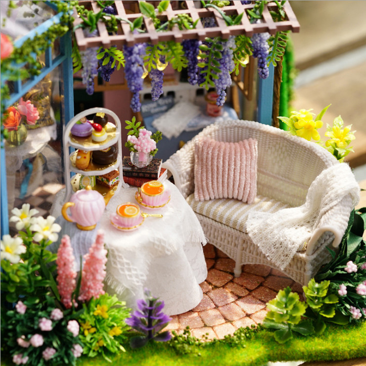 Mô hình nhà DIY Doll House Rose Garden Tea House Kèm Đèn LED, Hộp nhạc và MICA chống bụi