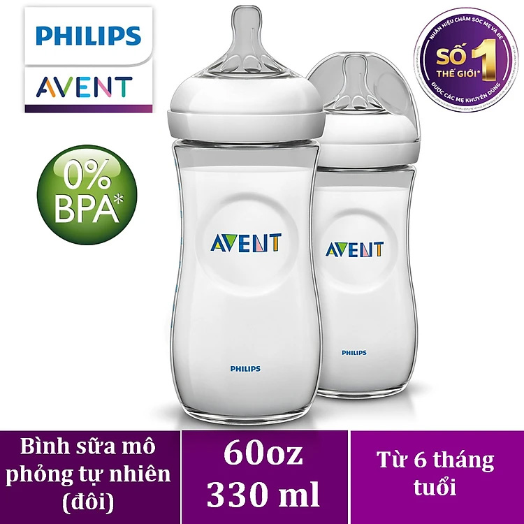 Bộ 2 bình sữa Mô phỏng tự nhiên bằng nhựa Philips Avent cho trẻ từ 6 tháng 330ml