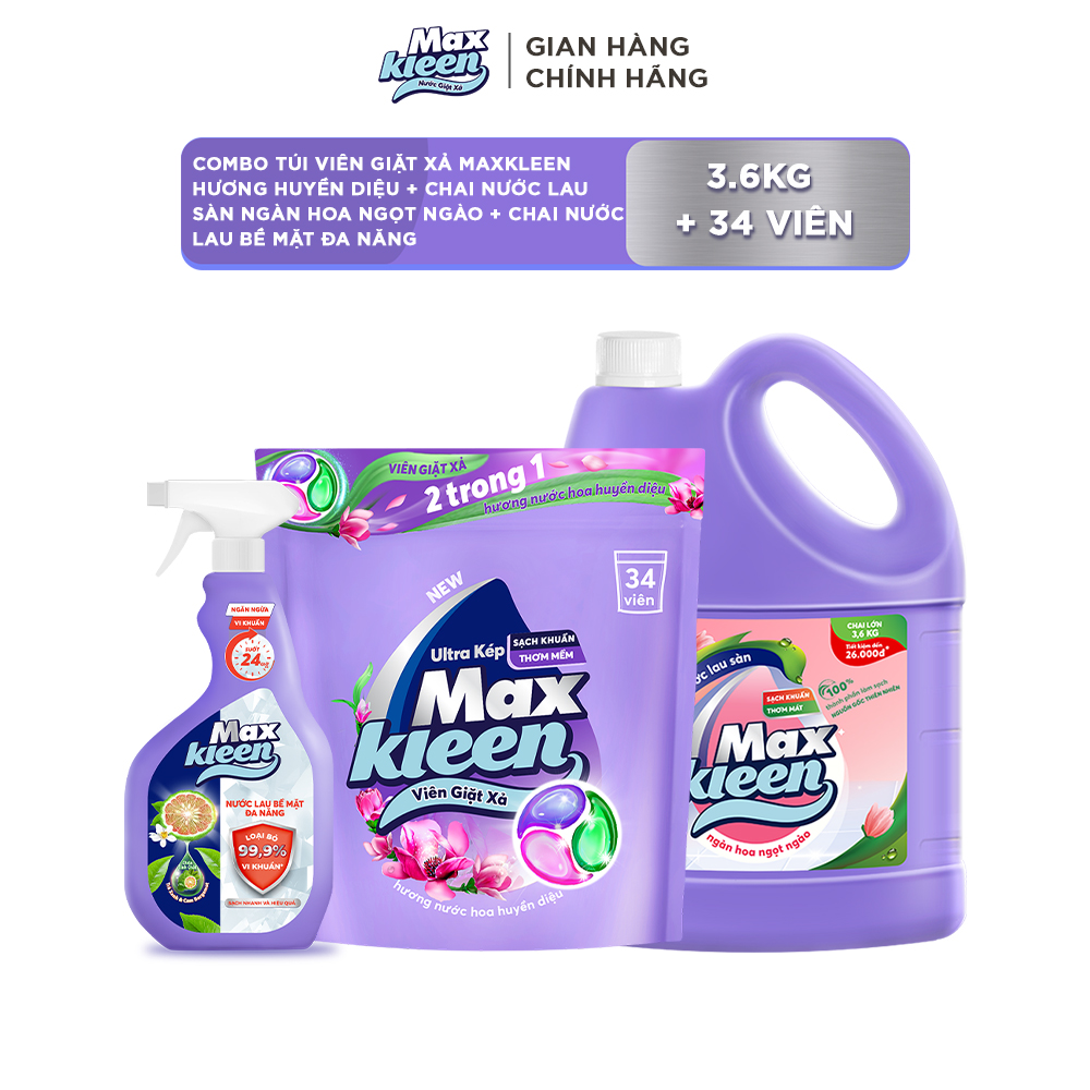 Combo Túi Viên Giặt Xả MaxKleen Hương Huyền Diệu + Chai Nước Lau Sàn 3.6kg Ngàn Hoa Ngọt Ngào + Chai Nước Lau Bề Mặt Đa Năng