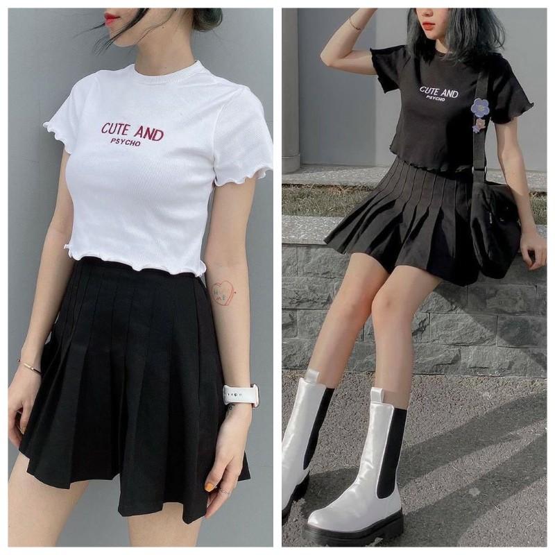 Áo croptop thun gân viền bèo Cute and psycho