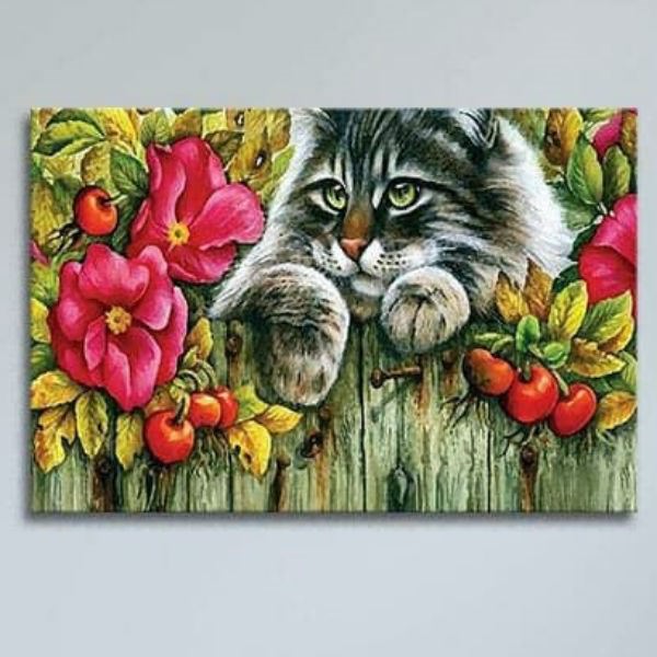 Bộ 2 Tranh Canvas Không Viền Treo Tường Hình Thú " Mèo Và Hoa" W503