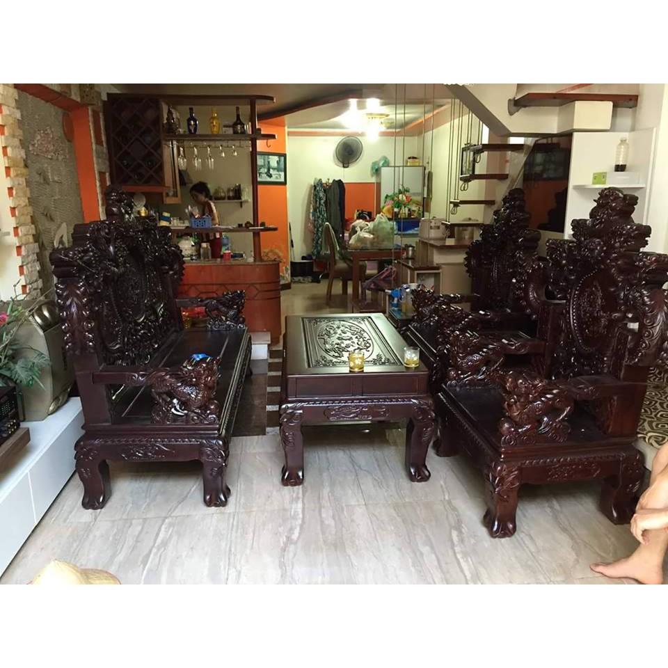 Bộ Bàn Ghế Nghê Đỉnh Tay Khuỳnh vách liền gỗ hương vân