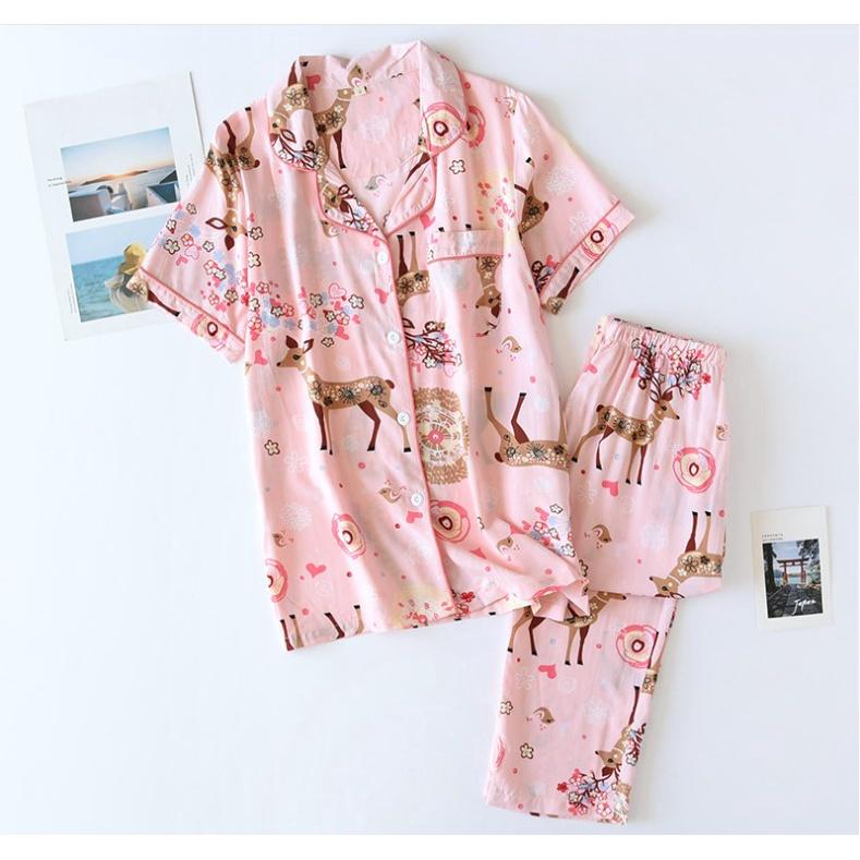 Bộ Đồ Pijama Mặc Nhà Ngắn Tay Azuno BN0111Chất Liệu Cotton Lụa Nhẹ Mát Cho Mùa Hè