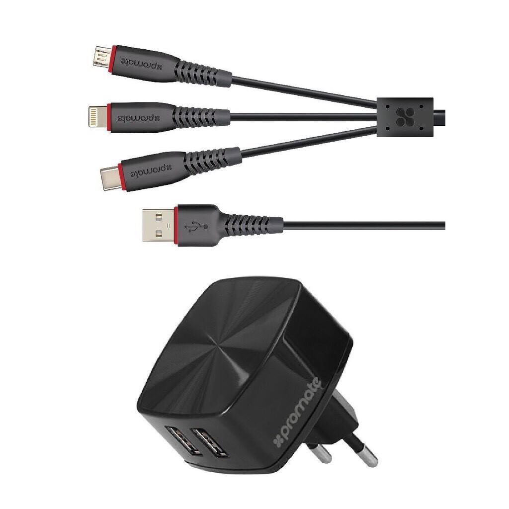 Cốc Sạc Promate Flexcharge.Eu Cốc 2 Cổng Usb Kèm Dây 3-In-1 Dài 1.2M Chuẩn Eu - Hàng Chính Hãng