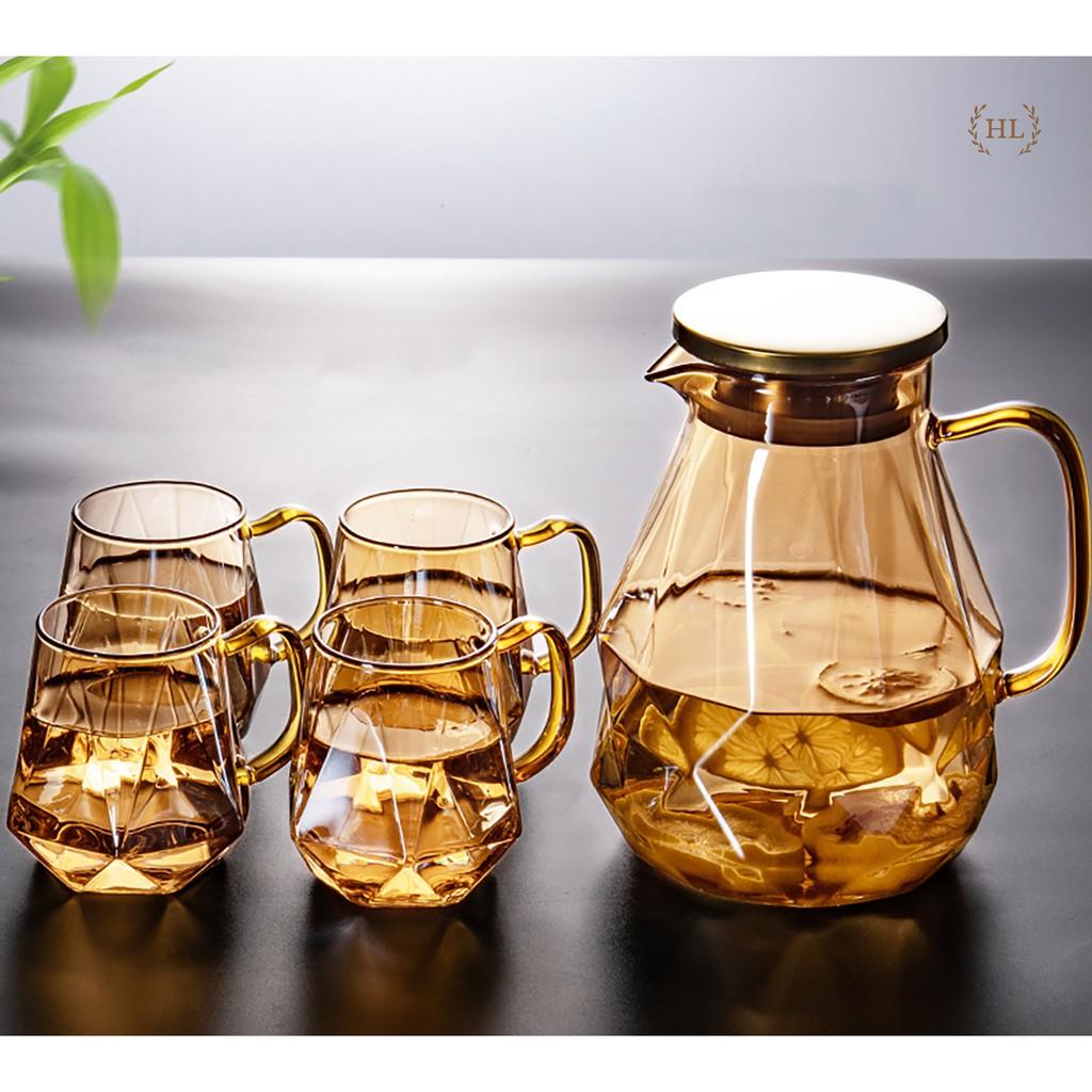 Bình Ly thuỷ tinh vàng có quai dáng kim cương | BỘ BÌNH CỐC BOROSILICATE SIÊU NHẸ - CHỊU NHIỆT - CƯỜNG LỰC LỤC GIÁC QUAI