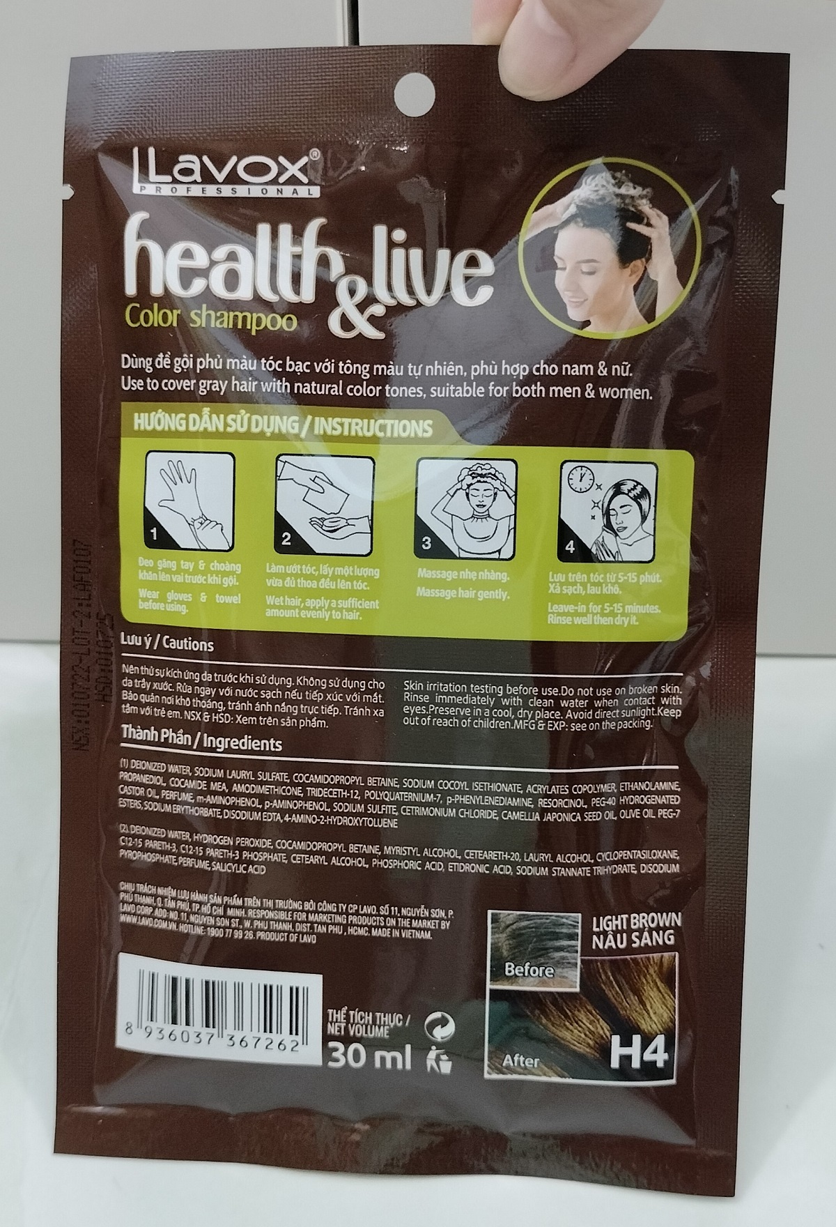 (Nâu Cà Phê - H4) Dầu Gội Nhuộm Tóc Nâu Phủ Bạc 100% Thảo Dược Siêu Dưỡng LAVOX 30ml - H4