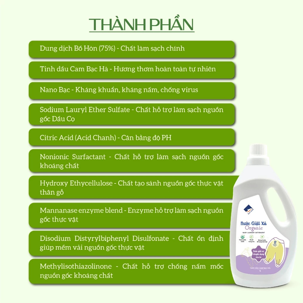 Nước Giặt Xả Hữu Cơ Em Bé ECOCARE 1L - Tinh dầu Cam Bạc hà, PH trung tính, không kích ứng