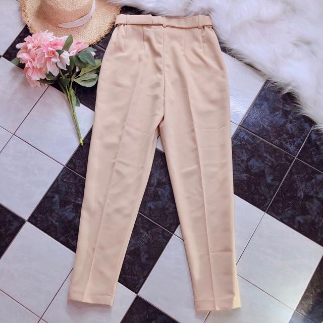 Quần baggy nữ cap cao lưng thun màu kem