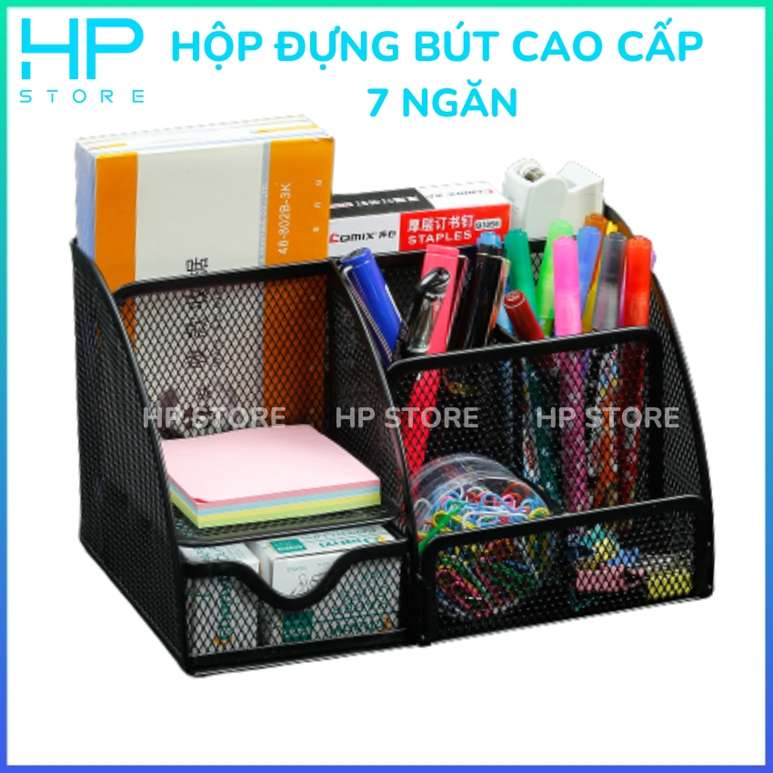 Hộp đựng bút để bàn cao cấp, khay đựng bút 7 ngăn bằng kim loại chắc chắn, siêu bền