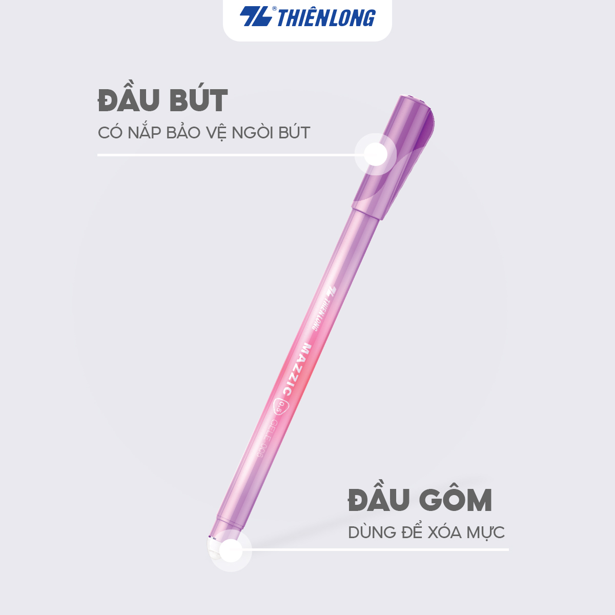 Combo 20 Bút gel xóa được Mazzic ngòi 0.5mm mực xanh/đen/tím có gôm tẩy chuyên dụng trên thân Thiên Long GELE-006