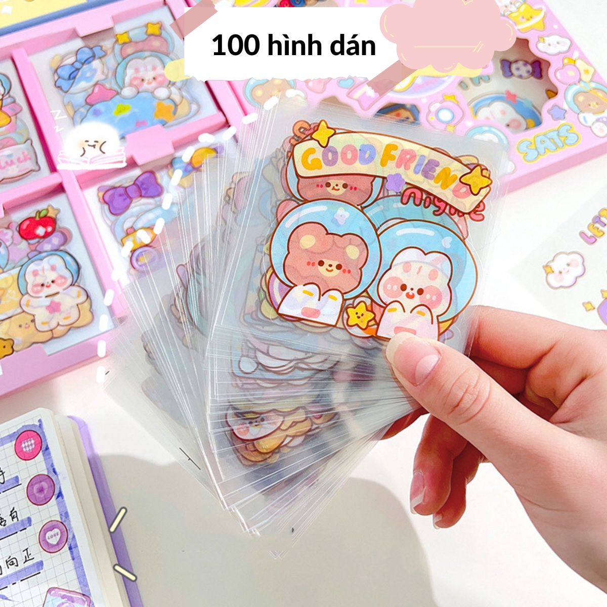 Hộp 100 Tấm Sticker Cute Cắt Sẵn Decor Sổ Vở, Miếng Dán Trang Trí Tập, Vở, Bình Nước Họa Tiết Dễ Thương