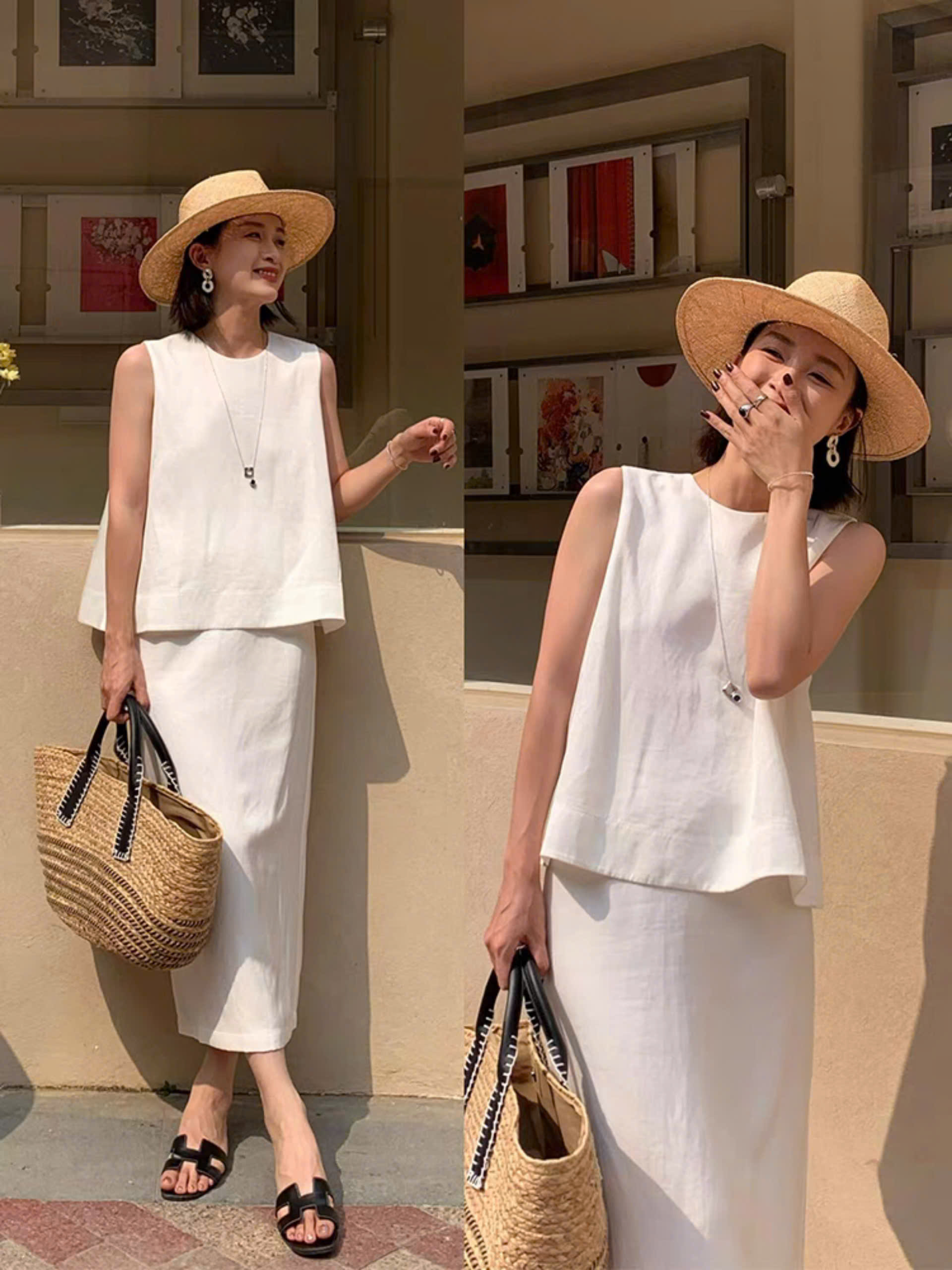 Set Chân Váy Dài Phối Áo Gile Trơn Chất Liệu Linen Cao Cấp Phong Cách Hàn Quốc