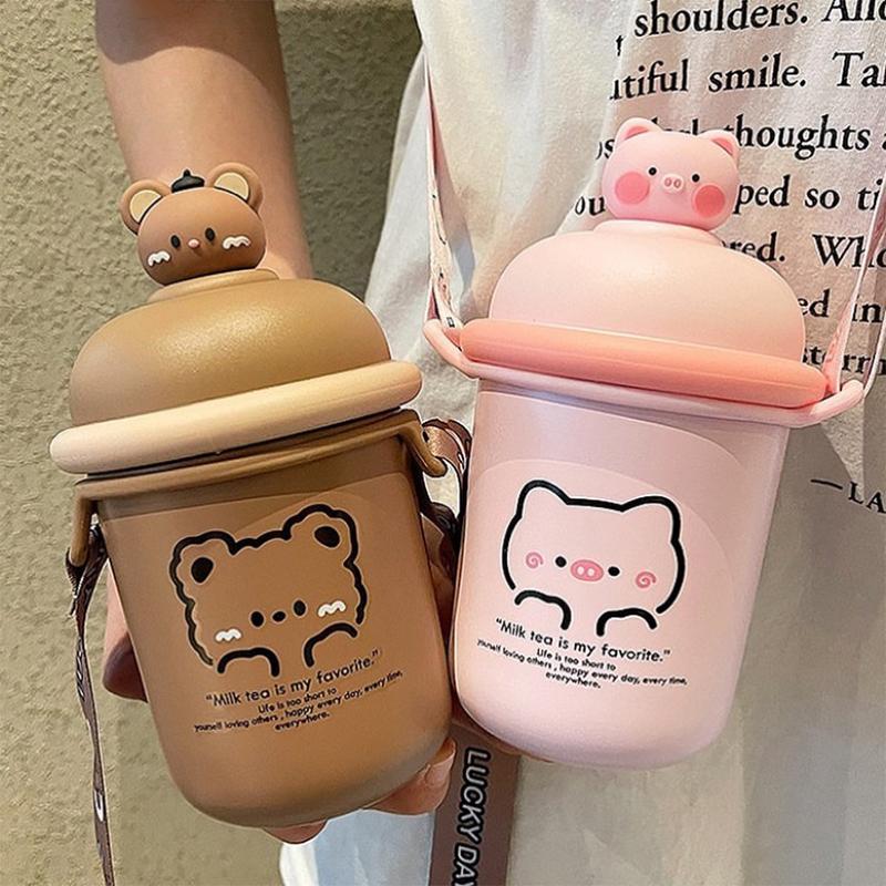 Kawaii Pastel Gấu Giữ Nhiệt Bụng To Cốc Dễ Thương Cho Trẻ Em Bình Giữ Nhiệt Chân Không Thép Không Gỉ Nước Cho Bé Gái Sinh Viên Giữ Nhiệt Màu dây Đeo