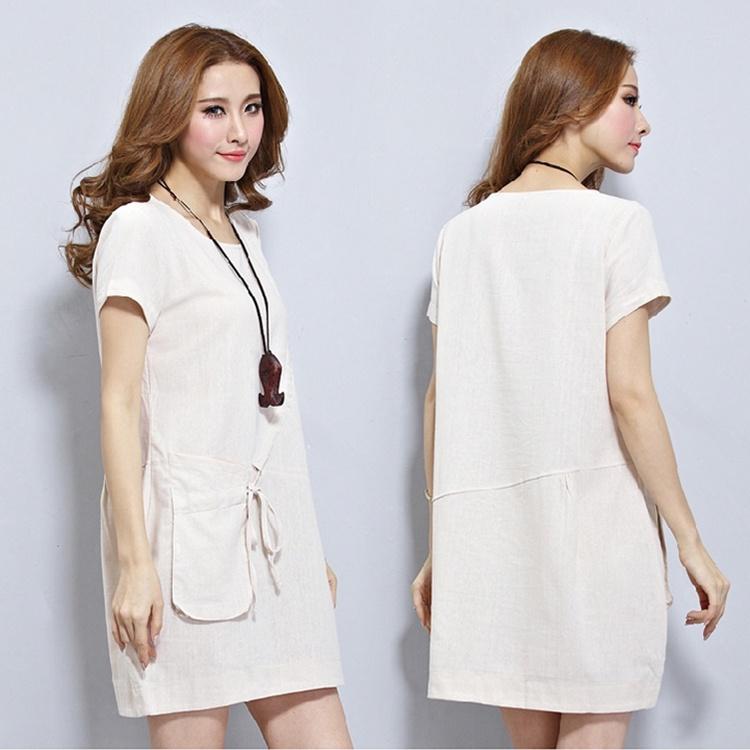 Đầm suông đũi cổ tròn phối túi hộp, thời trang hè thu