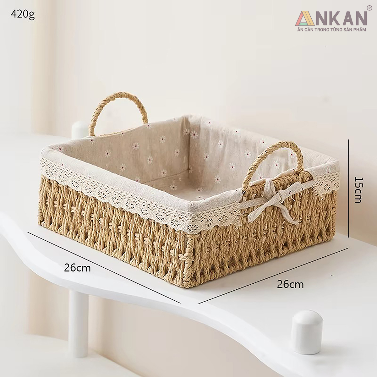 Giỏ Decor Hình Vuông Có Quai Xách – Đan Tay Thủ Công, Lót Vải Hoa Vintage, Trang Trí &amp; Đựng Đồ Đa Năng