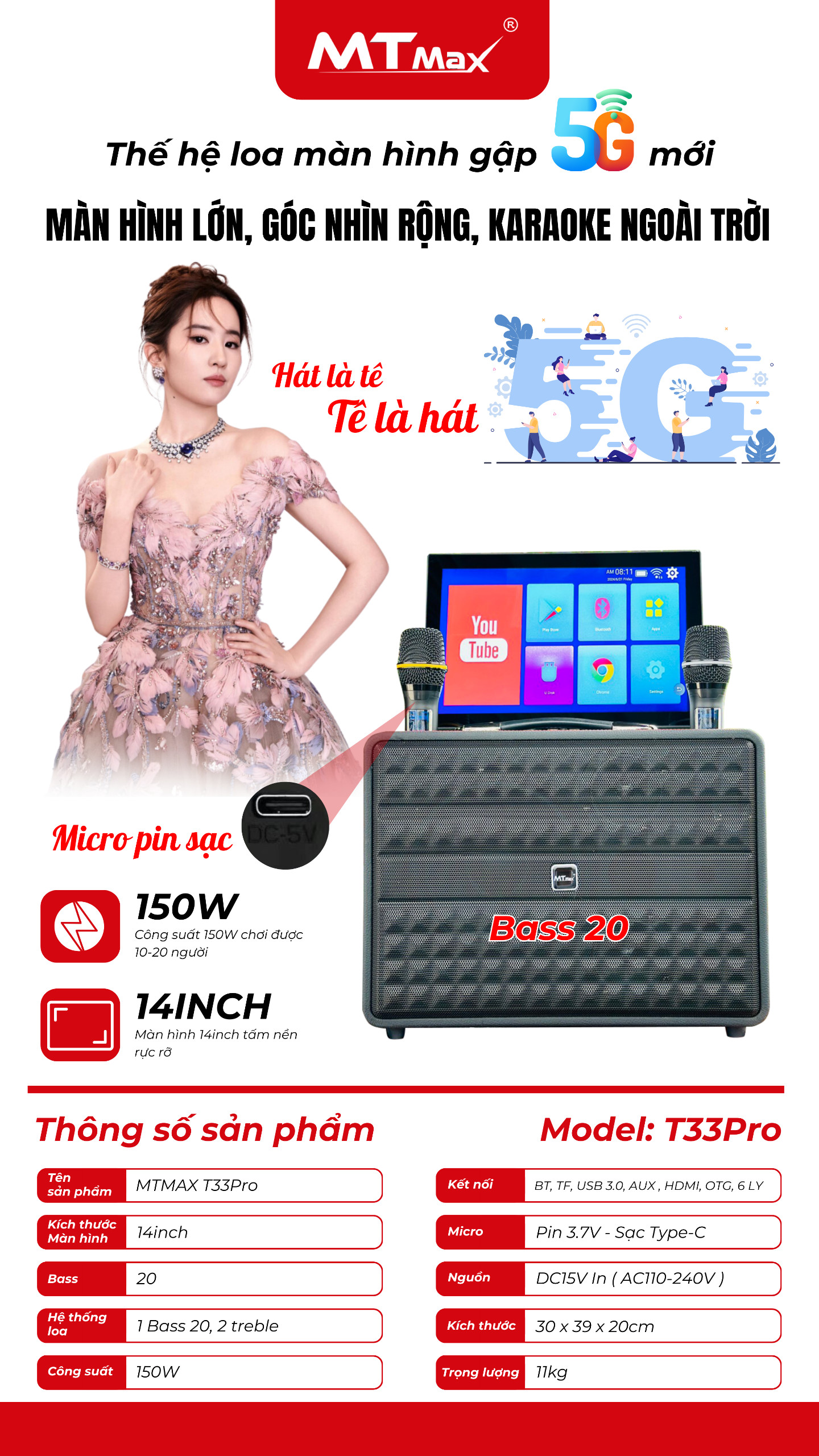 Loa Màn Hình MTMAX T33Pro Bass20 Màn Hình 14inch Công suất 150W Đi Kèm Cặp Micro Sang Trọng Chống Hú Cao Cấp . HÀNG CHÍNH HÃNG