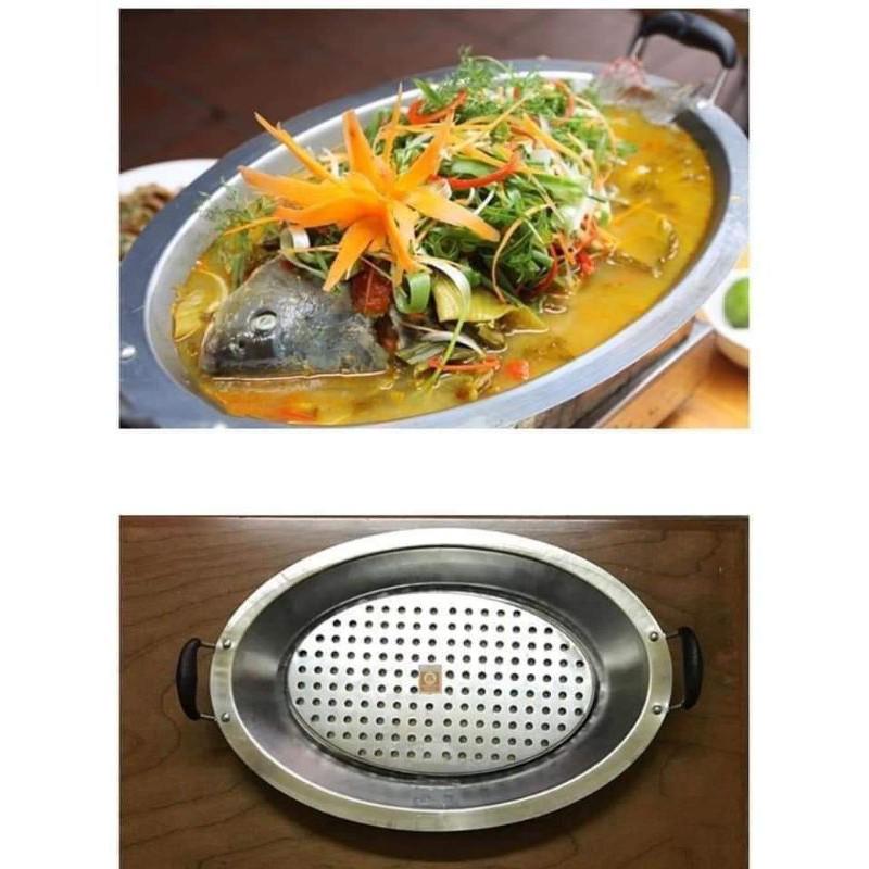 Khay lẩu inox dùng nấu ăn - Khay lẩu cá chép om dưa, nấu lẩu loại to dùng các loại bếp gas ,bếp từ hàng có sẵn