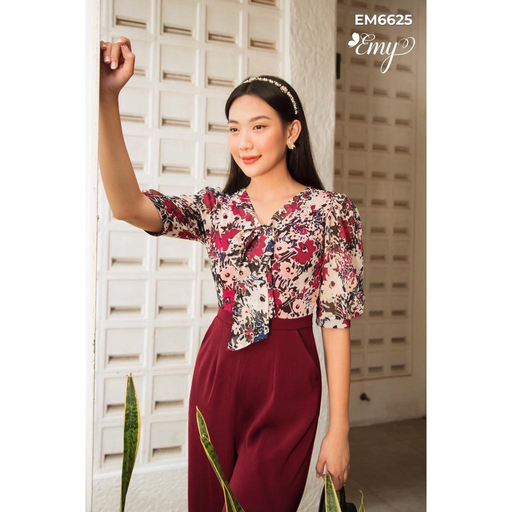 Jumpsuit EMY EM6625 Hoa Lá Phối Màu Phối Dây Cột Nơ