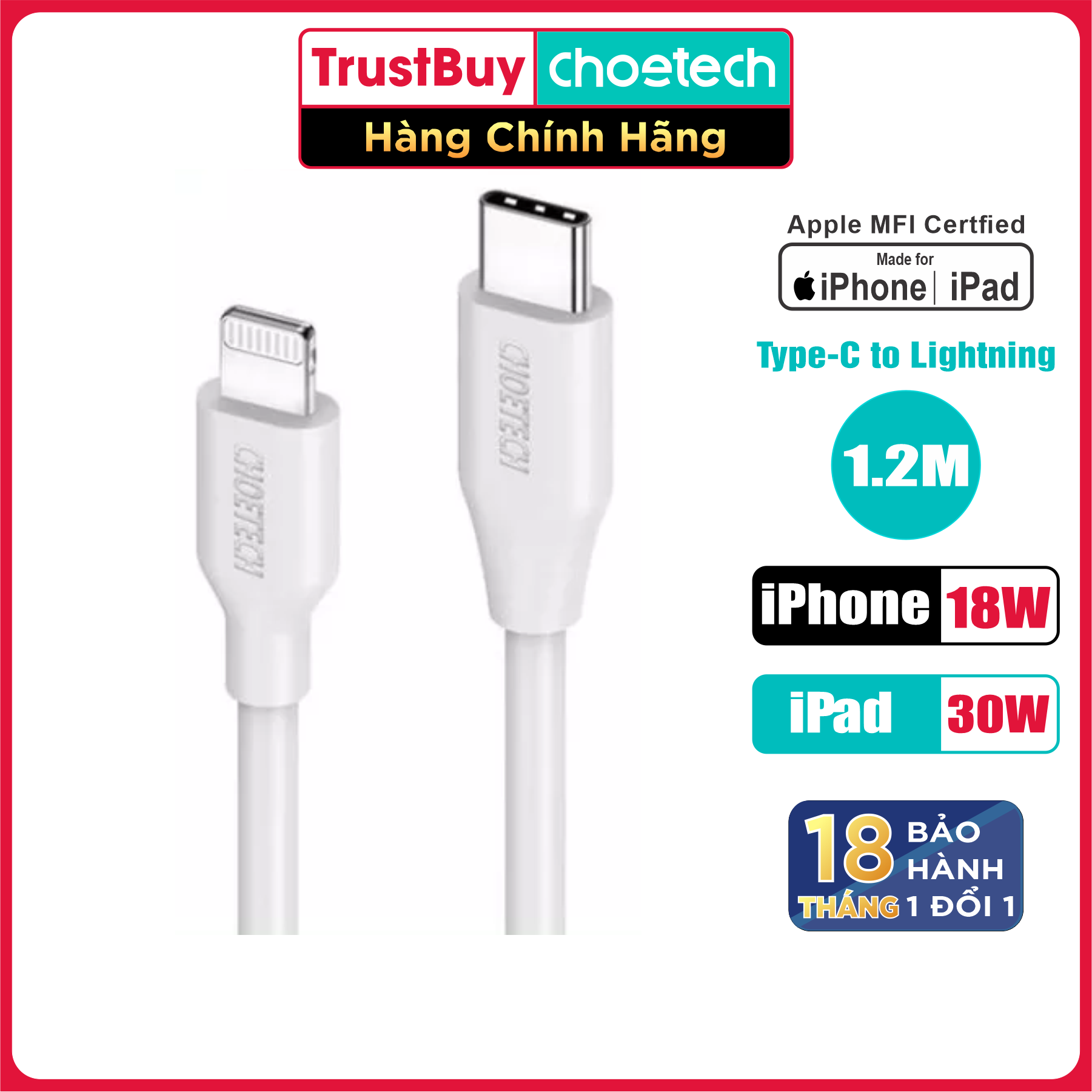 Dây Cáp Sạc Type-C To Lightning Chứng Nhận MFI CHOETECH IP0040 Dài 1.2M Sạc Nhanh 20W Cho iPhone Và 30W Cho iPad - Hàng Chính Hãng