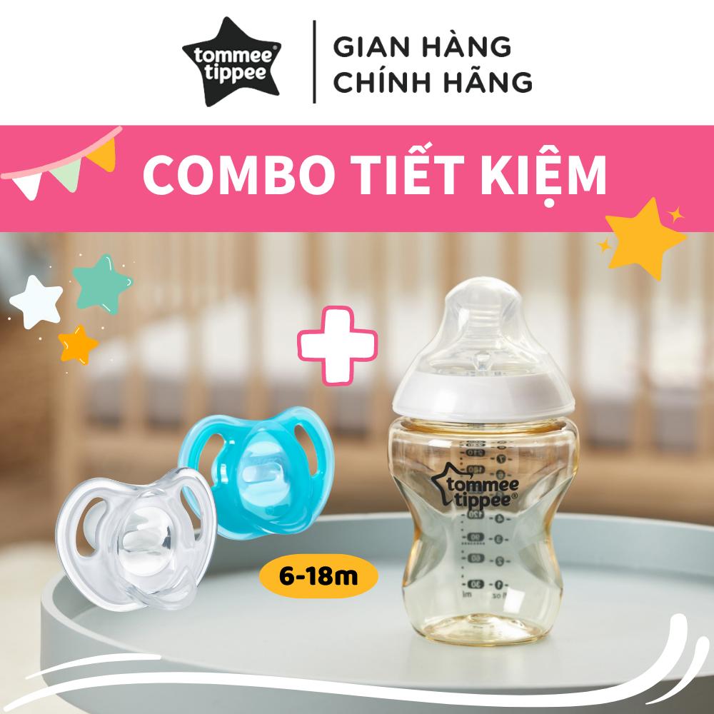 COMBO Ty Ngậm Silicon Siêu Nhẹ Tommee Tippee Ultra Light 6-18m &amp; Bình Sữa PPSU Ty Siêu Mềm Tommee Tippee 260ml