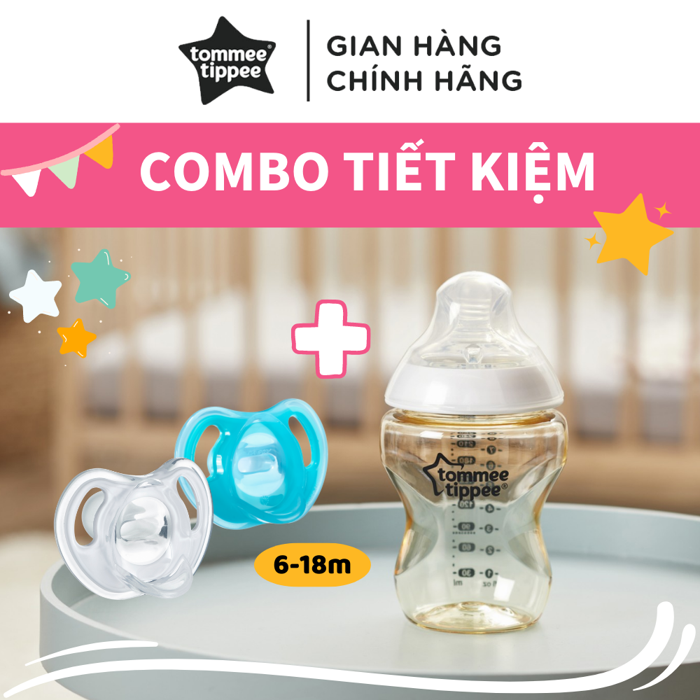 COMBO Bình sữa PPSU ty siêu mềm tự nhiên Tommee Tippee Closer to Nature 260ml &amp; Ty ngậm silicon siêu nhẹ cho bé Tommee Tippee Ultra Light 6-18 tháng (vỉ đôi) - Xanh dương/Trắng