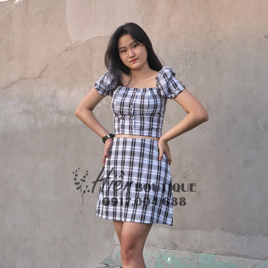 Set Đồ Nữ - Set Croptop Áo Trễ Vai Lưng Thun Phối Chân Váy Có Lót Trong Siêu Xinh