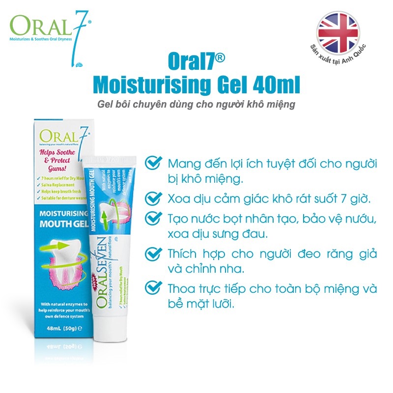 Gel tạo nước bọt nhân tạo chuyên dùng cho người khô miệng Oral7 Moisturising Gel 40ml