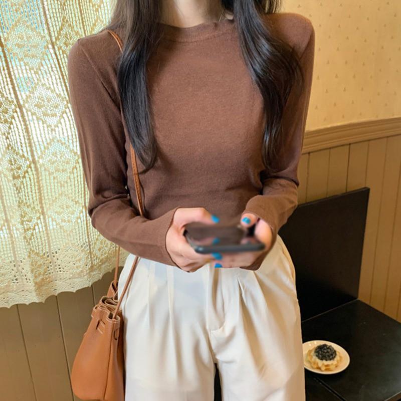 Áo Thun Tay Dài Cổ Tròn Màu Trơn Thiết Kế Đơn Giản Dành Cho Nữ