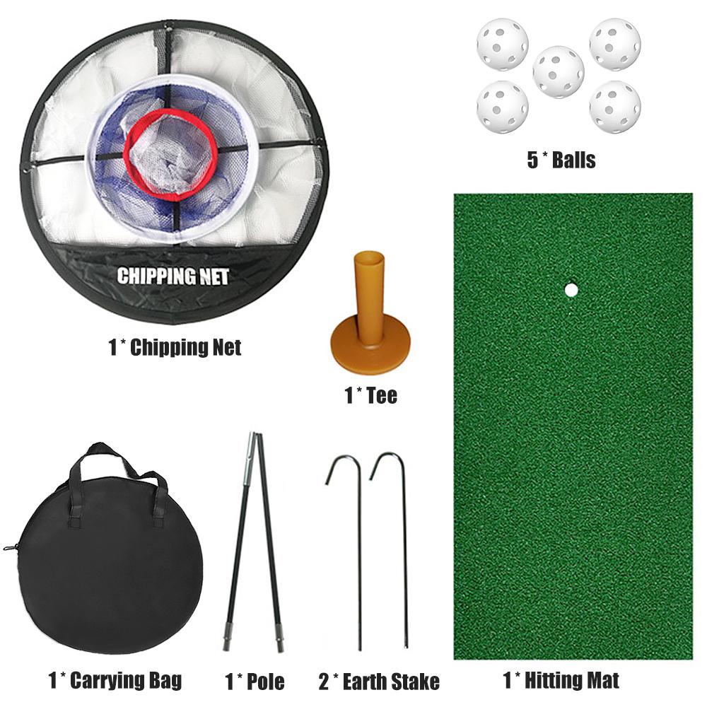 Combo chơi Golf với1 lưới đánh gôn, 1 thảm đánh, 1 phát bóng và 5 quả bóng.