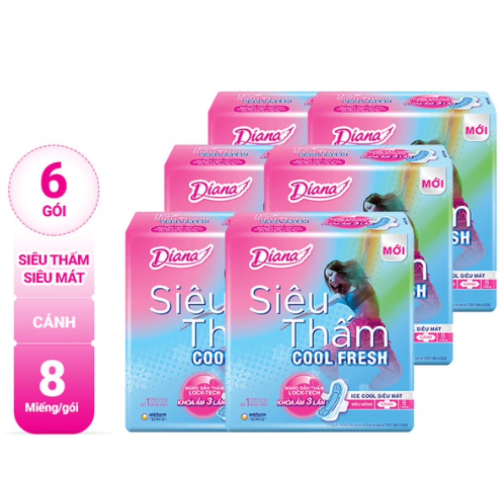 Combo 6 Băng vệ sinh Diana Siêu thấm Cool Fresh Siêu mỏng Cánh gói 8 miếng